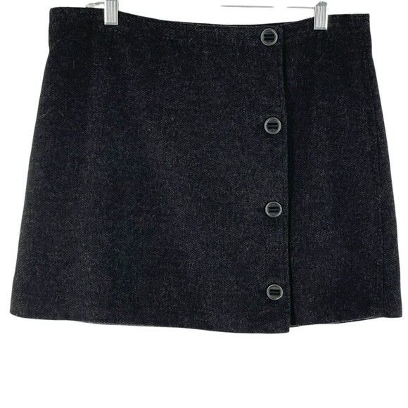 Prana Nicky Charcoal Grey Tweed Wool True Wrap Buttoned Mini Skirt Women's 10 - Picture 1 of 7